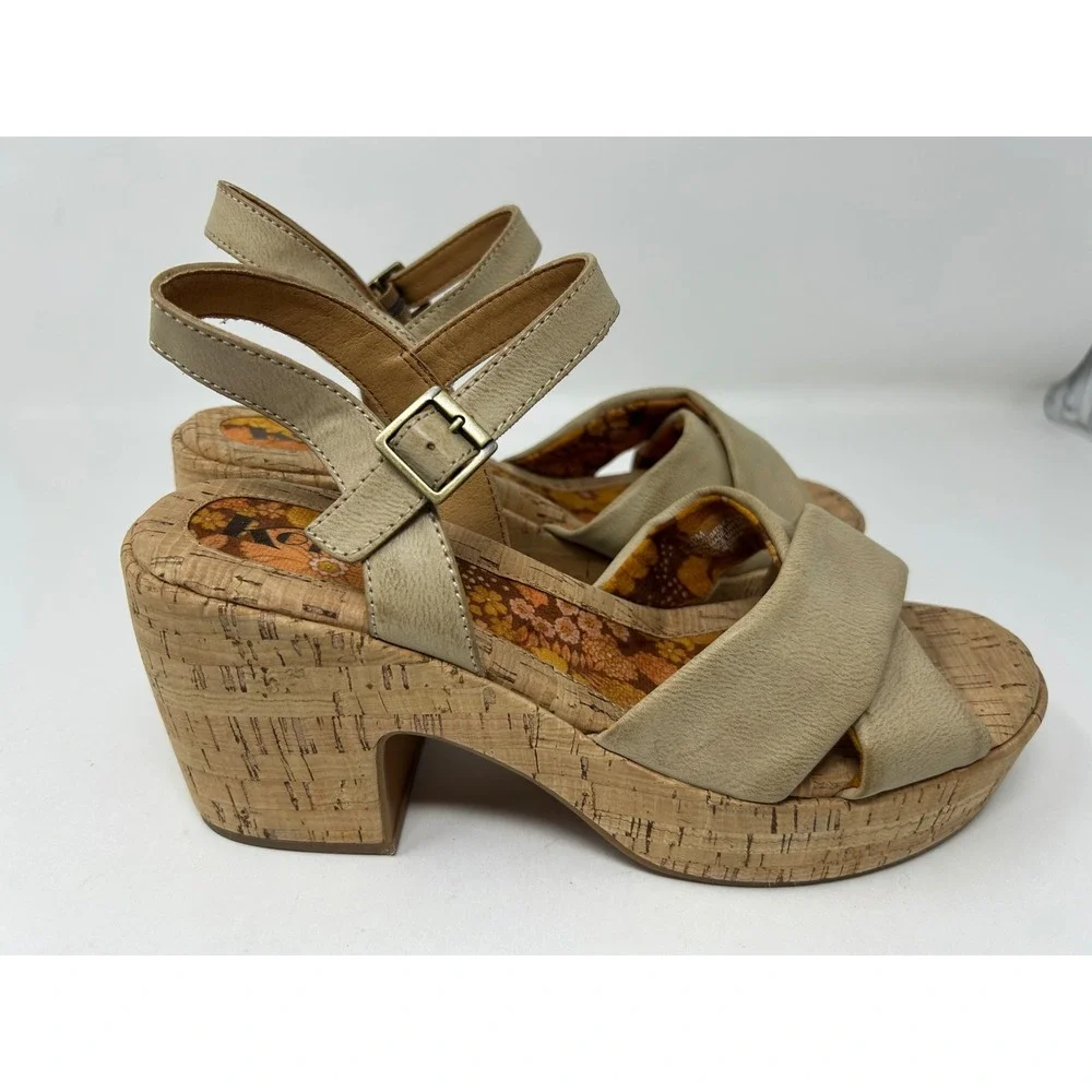 Korks Tan Cork Platform Block Heel Sandals Retro Floral Footbed Womens Size 10M